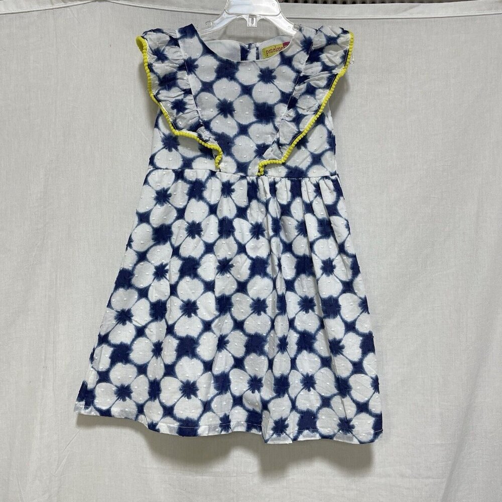 Penelope Mack Girls Dress Size 5 Tie Dyed PomPom Trim Cotton Blue White